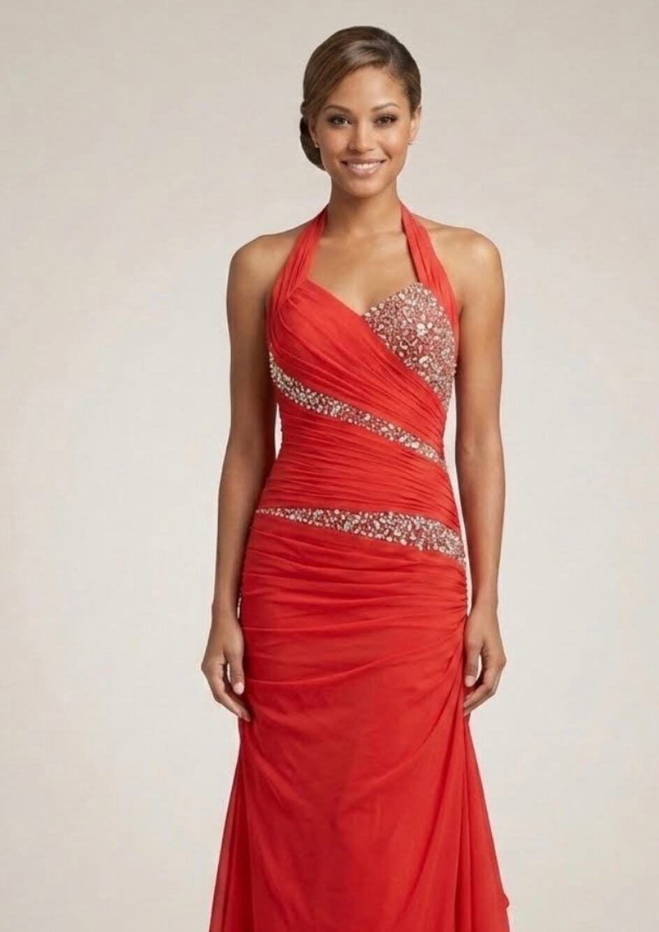 Formal Red Rhinestone Sequin Halter Ruched Mermaid Floor Length Long Train Dress